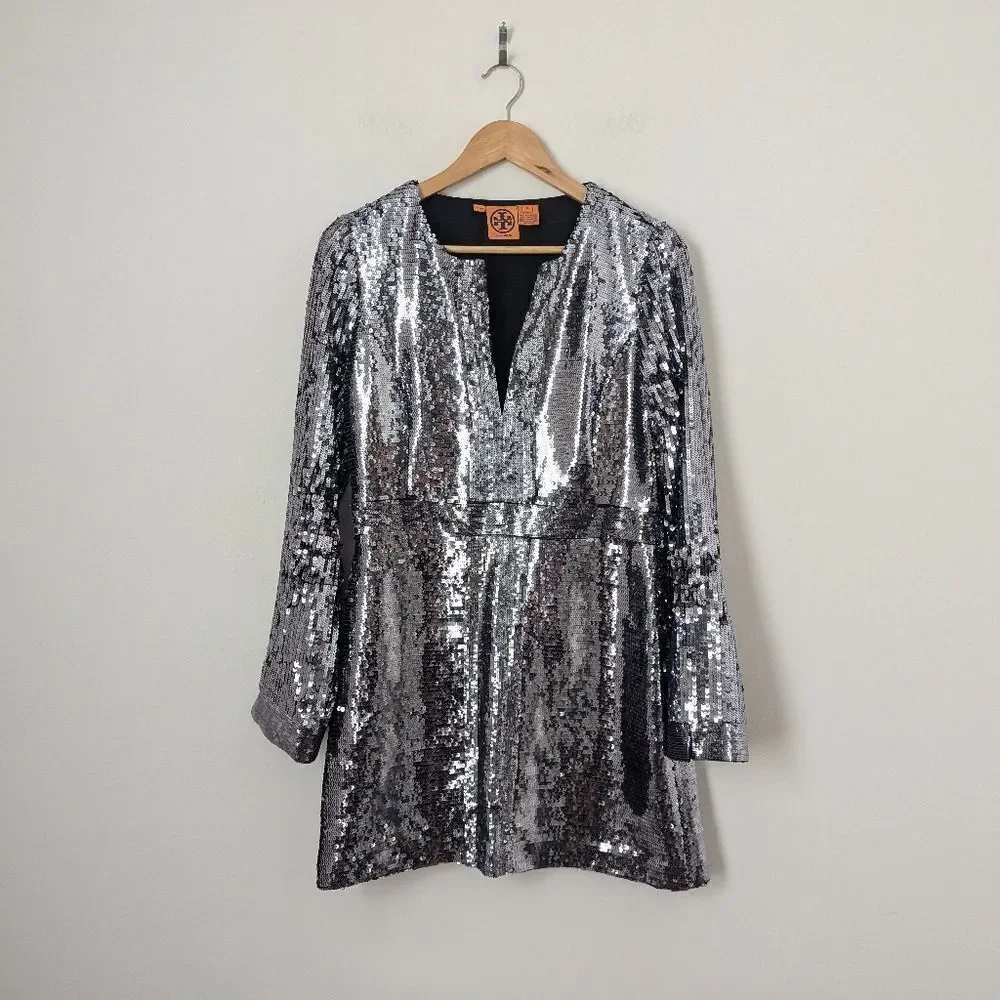 Tory Burch silver sequin silk Auriela long sleeve disco party cocktail dress